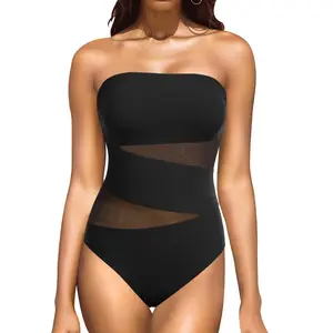 Holipick Strapless One Piece Swimsuits for Women Bandeau Bathing Suits Mesh Cutout Swimwear DealsForYouDays
