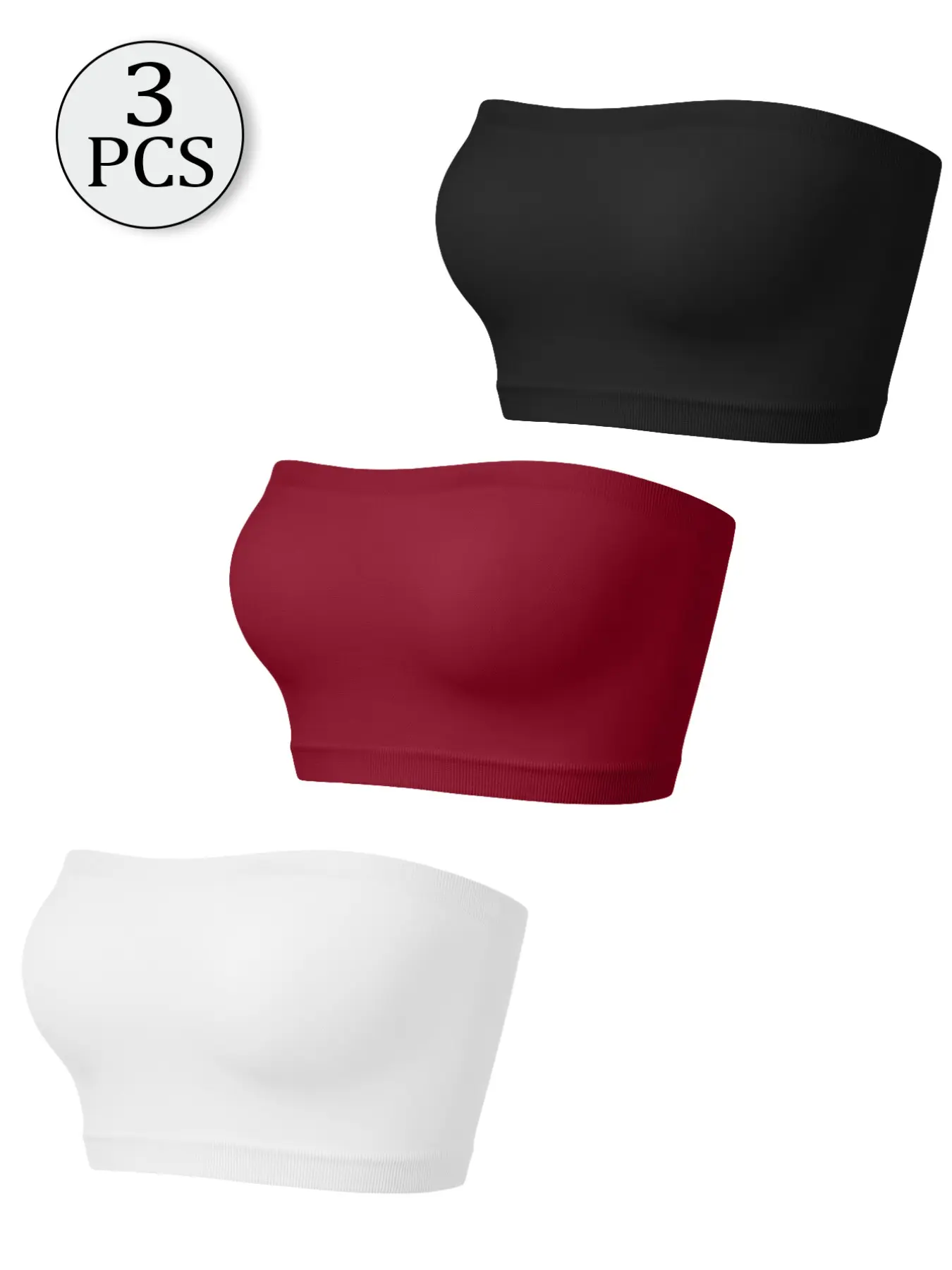 3-Pack 3 Colors Seamless Smooth Bandeau Underwear. 4-Way High Stretch, Breathable Mesh Fabric, Stay In Place No Shifting, Soft Skin-Friendly, Must-Have For Camisoles & Off-Shoulder Tops.
