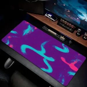 1 Abstract Art Polyester Mouse Pad - Large Office Gaming Desk Mat, Deep Purple Background with Bright Cyan Flowing Lines and Pink Organic Shapes, Modern Minimalist Design, Desktop Decoration for Computer Gamers, Essential for Office Professionals