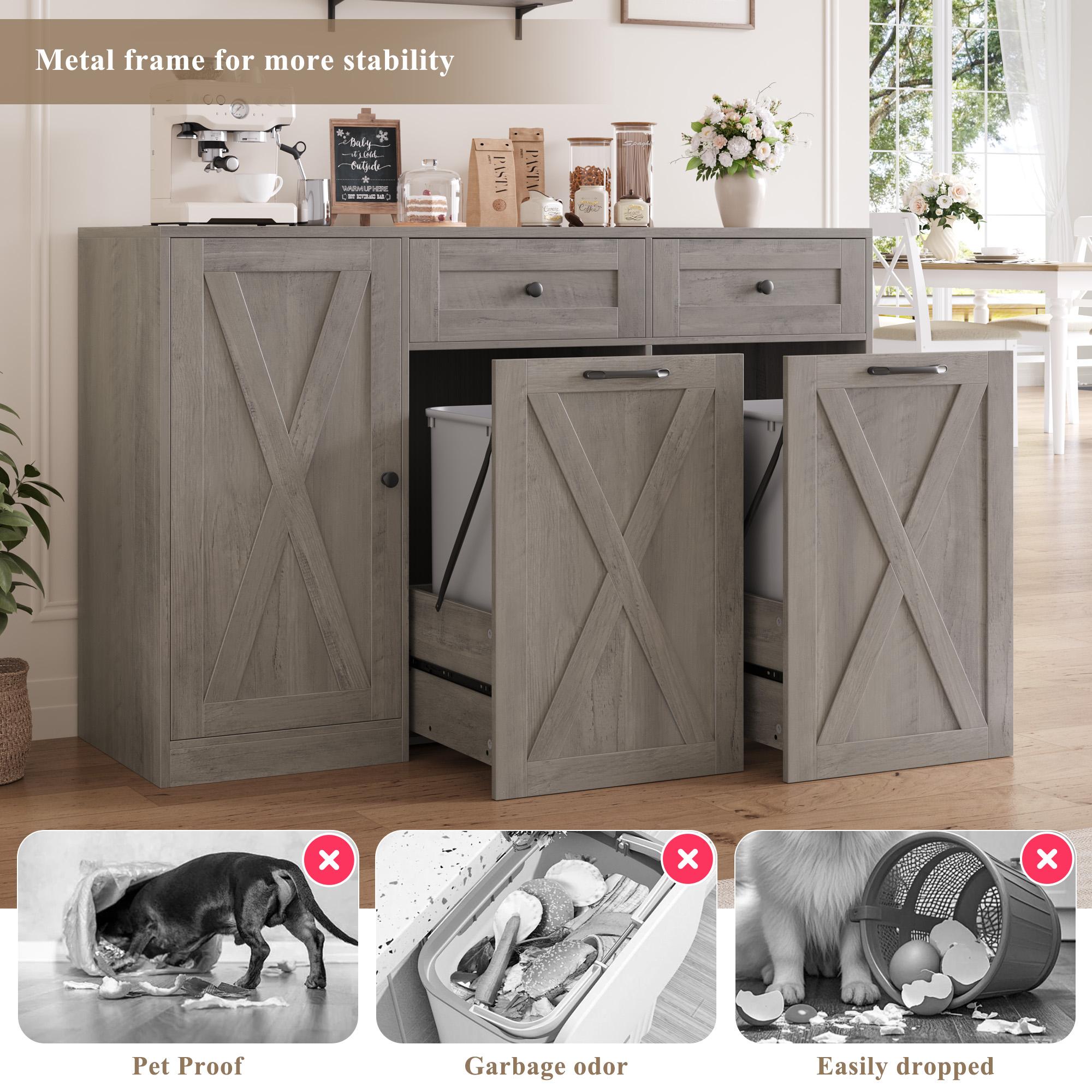 HOSTACK 12.5 Gallon Kitchen Trash Cabinet, 47" Double Trash Can Cabinet, Large Pull Out Can Storage Drawers, Wood Farmhouse Hidden Garbage Storage Buffet for Kitchen, Trash can not included