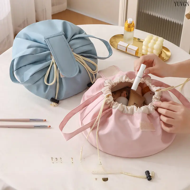 Round Drawstring Cosmetic Pouch, Foldable Travel Makeup Bag, Large Capacity Portable Storage Bag for Travel Daily