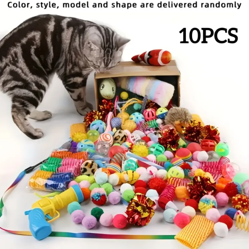 10pcs High-Quality Durable Cat Toy Set, Mixed Colors and Styles, Soft Plush Toys for Multiple Cats, Indoor Interactive Chewing Toys, Random Colors and Designs
