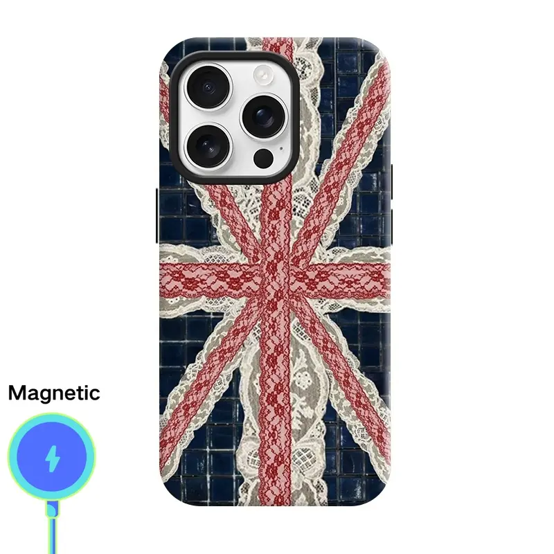 Lace Union Jack Design MagSafe Compatible Splicing Shockproof Phone 2-in-1 Hard PC + Soft Silicone Dual Layer Cover Elegant Anti-Slip Anti-Yellowing Protective Case For iPhone