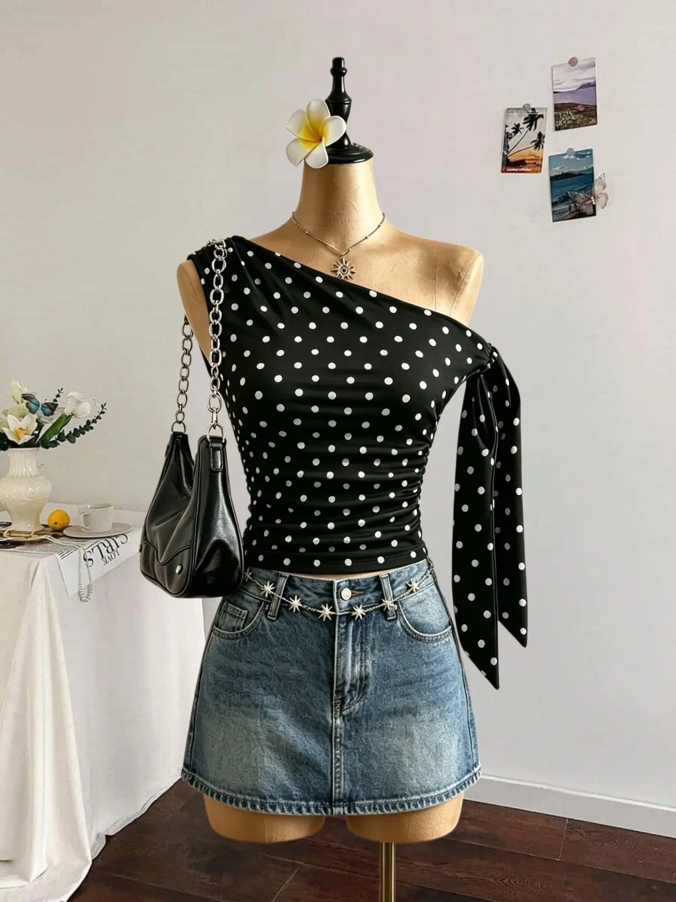 Y2K American Asymmetrical One-Sided Off-Shoulder Polka Dot Halter Top, Side Tie Waist Cinch Slim Fit, Beachwear Fashion