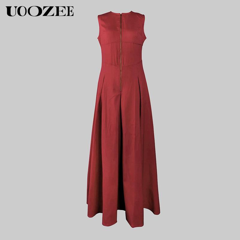 UOOZEE Women's Summer Casual Elegant A-line Loose Pleated Pockets Zipper Round Neck Long Minimalist Dress. Smaller Bust Fit One Size Up Recommended for C - Cup Above & smaller bust can order a normal size. Multiple colors, Sleeveless Womenswear Check