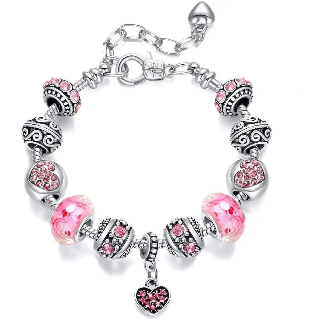 Hearts  Plated  Bracelet, DIY  for Women with Beads, Charms, and Adjustable Snake Chain, Fits 7.5"+1.5"