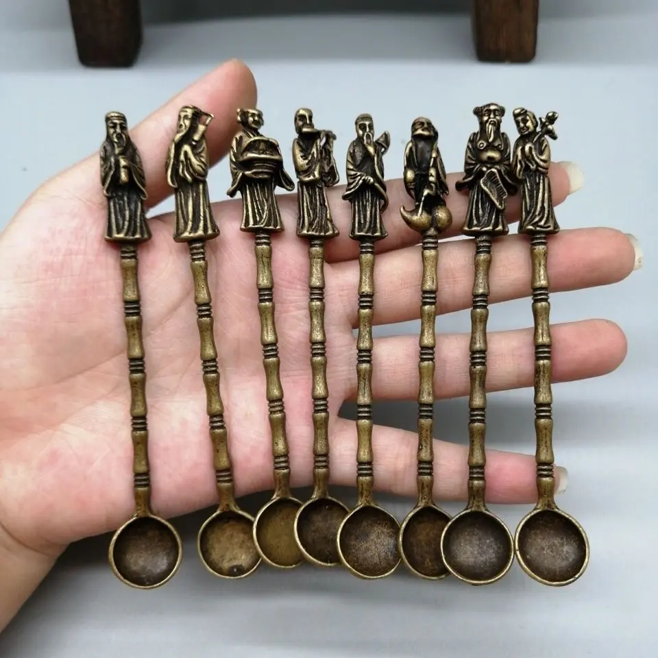 Imitation Antique Solid Copper Spoon Set, Eight Immortals & Chinese Zodiac Mini Copper Spoons, Vintage Copper Craft Collectible Hand Ornament