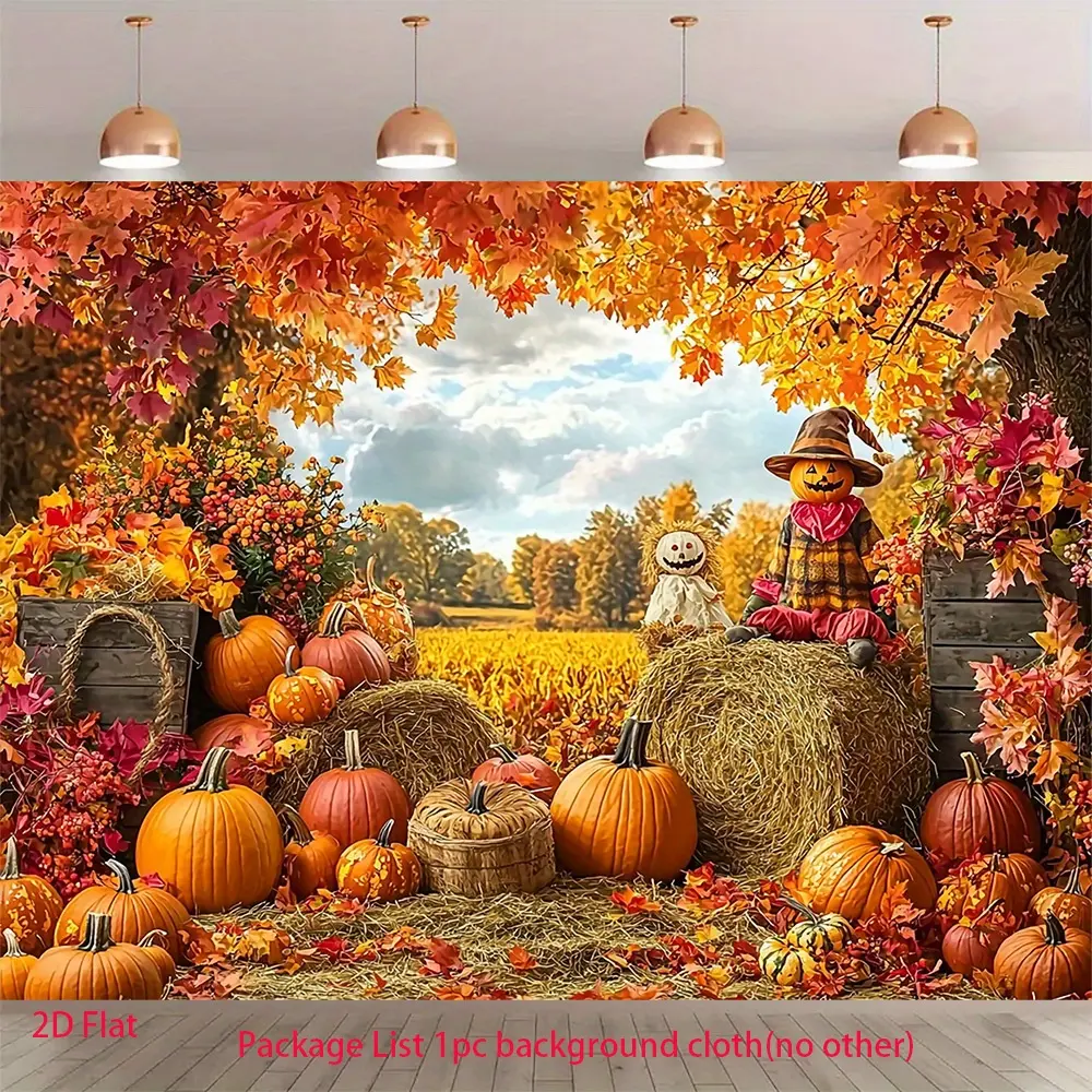 Autumn Pumpkin Field Backdrop Banner with Hay Bale Design Fall Party Decoration for Halloween, Thanksgiving, Birthday Events and Photo Booths