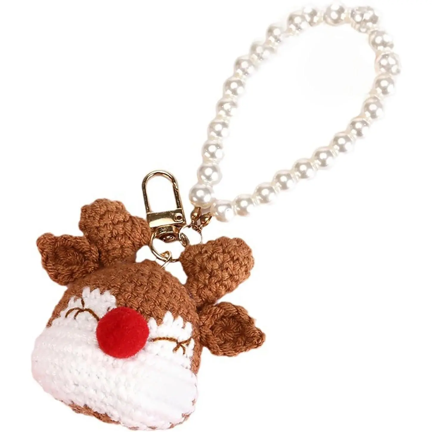 Christmas Crochet Keychain, Cute Reindeer with Beaded Pearl Knitted Key Chain, Phone Charm Crochet Pendant Lanyard (Brown)