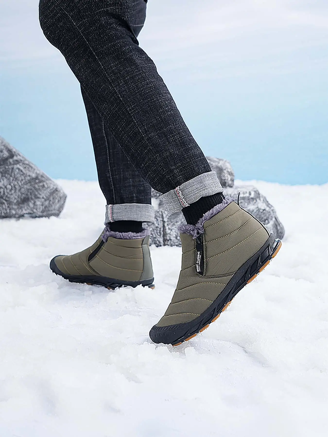 Men’s Fleece Lined Warm Barefoot Snow Boots, Wide Toe Box Zero Drop Quick Slip-On Lock Drawstring, Water Resistant Non-Slip Winter Ankle Boots for Commute & Trail Hiking