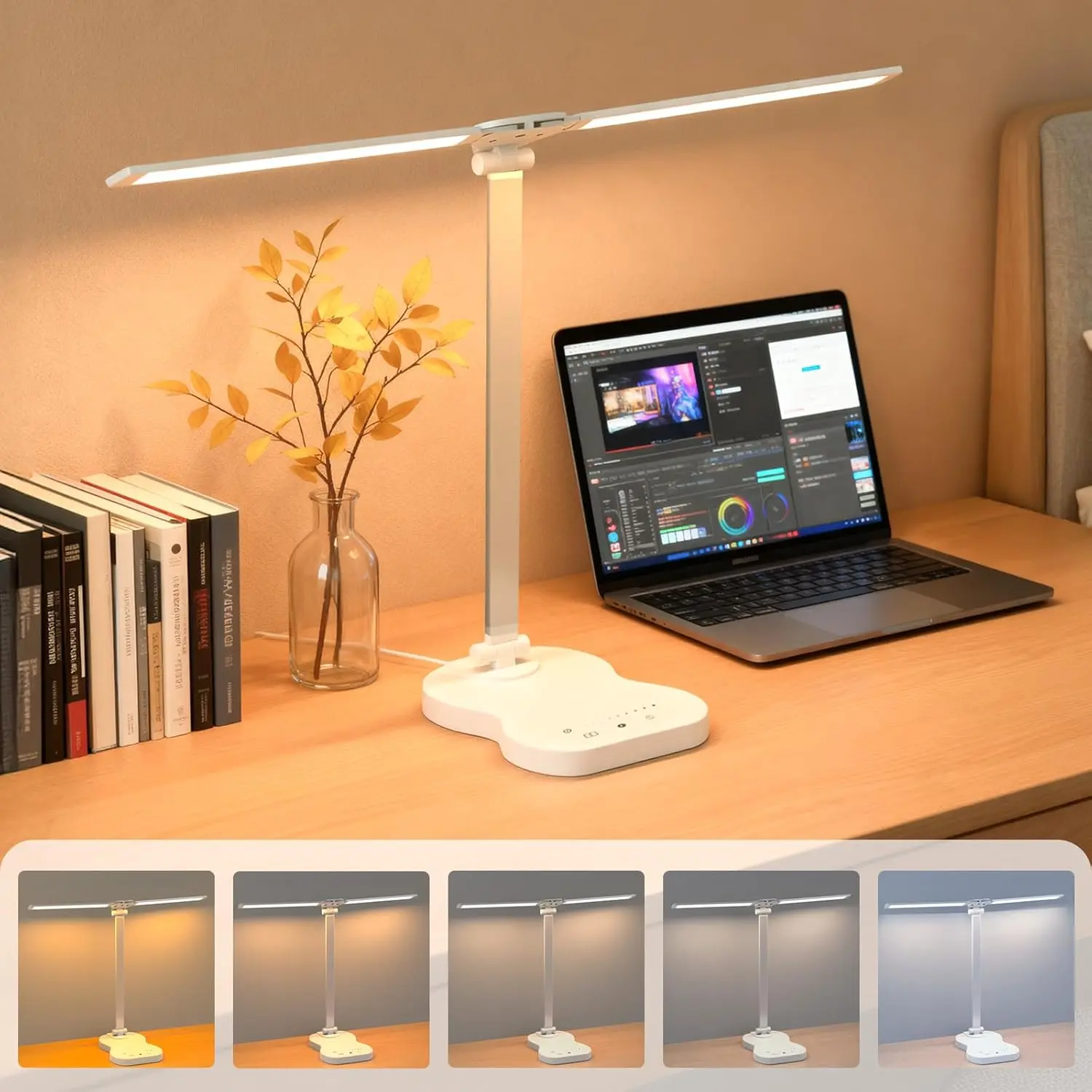 White Adjustable Swing Arm LED Desk Lamp - USB Charging Port, 5 Color Modes, 10 Brightness Levels, Dimmable for Home Office Indoor Recreation Use