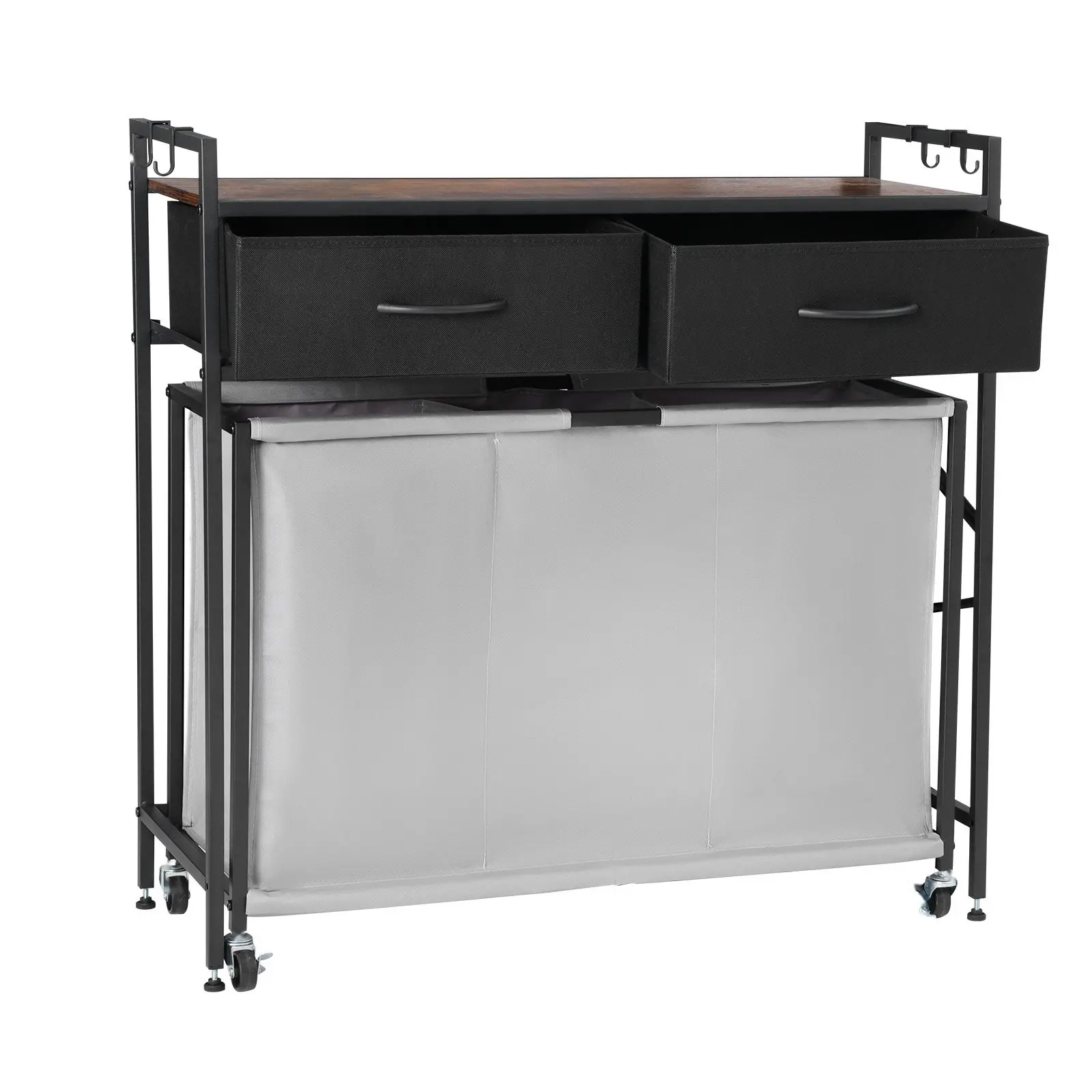 3-Section Laundry Sorter With Rolling Wheels, Mobile Laundry Hamper With Removable Drawers And Integrated Hooks, Sturdy Metal Frame, Multi-Bin Laundry Organizer For Home, Laundry Room, Apartment, Dorm, Easy Clothes Sorting