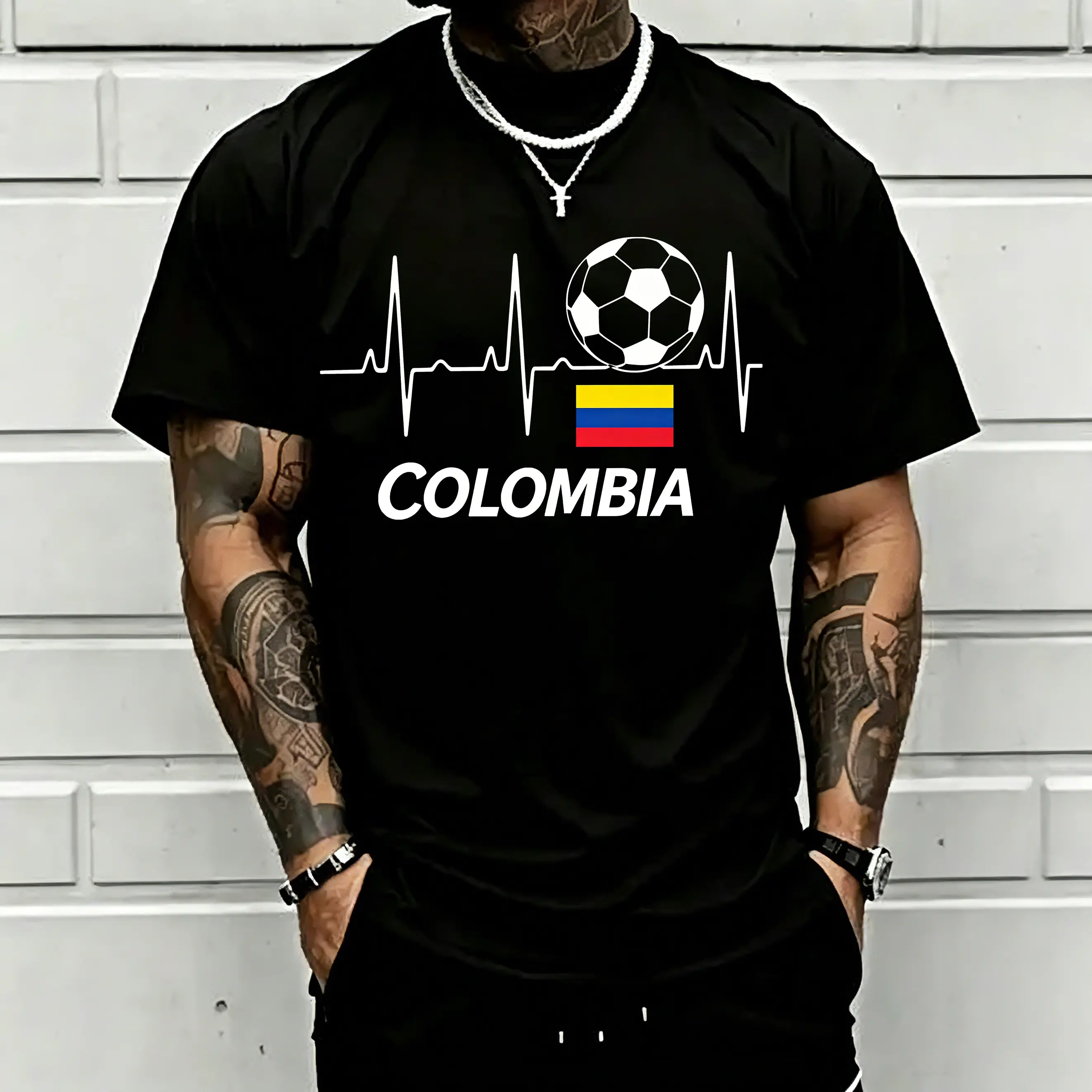 Unisex T-Shirt with Colombia Soccer Heartbeat Graphic, Oversized Casual Fit Football Fashion Menswear, 100% Cotton Retro Top, Streetwear, Denim, Outdoor, Overall