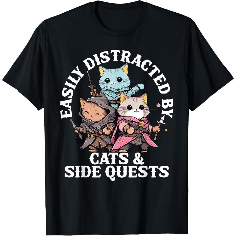 Cute Cats Side Quest Distracted Tabletop Funny Men Women Kids Dad T-Shirt
