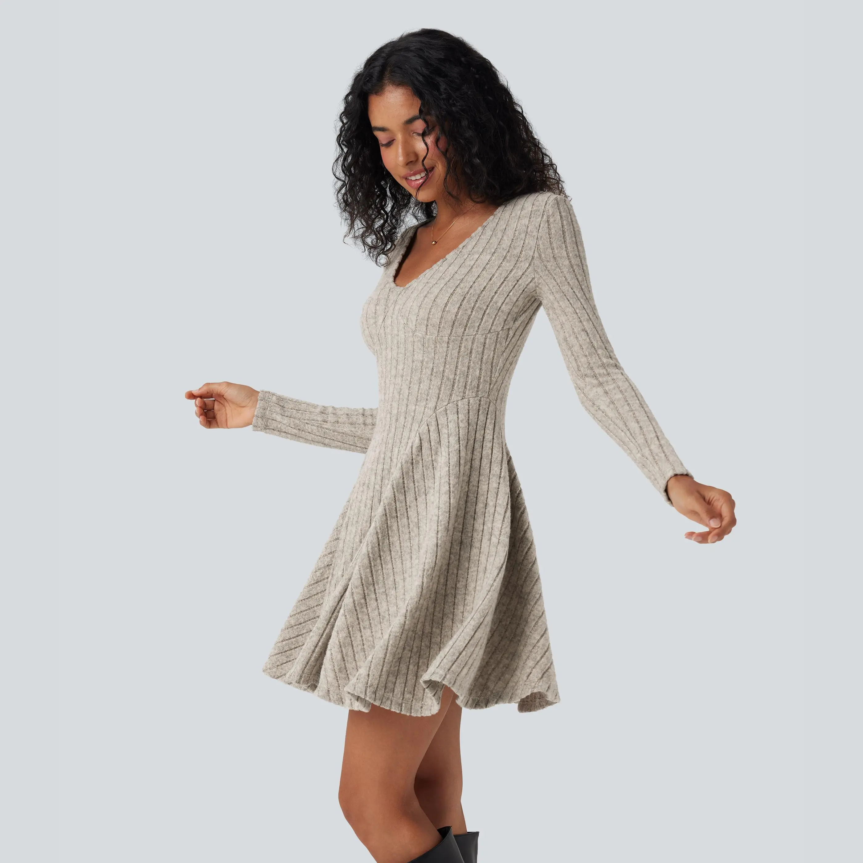 Halara Ribbed Knit V Neck Long Sleeve Flare Mini Casual Dress