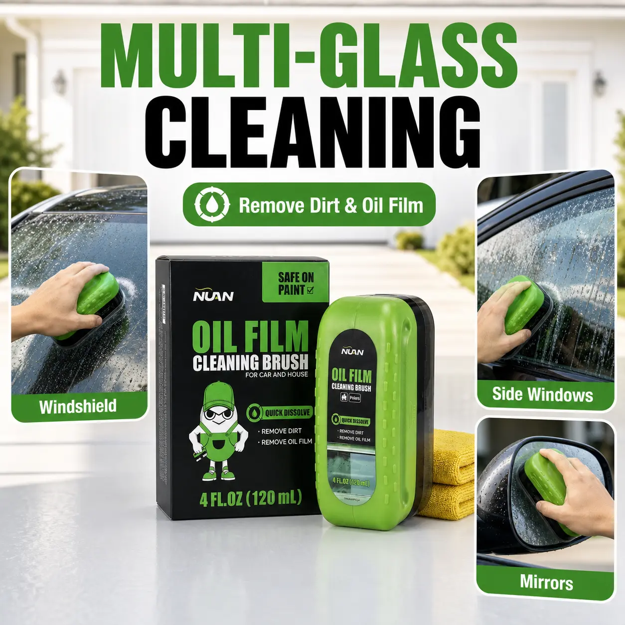 NUAN 2PCS Car Windshield Oil Film Cleaning Brush - Reusable Car Wash Glass Scrubber for Auto Windows, Mirrors