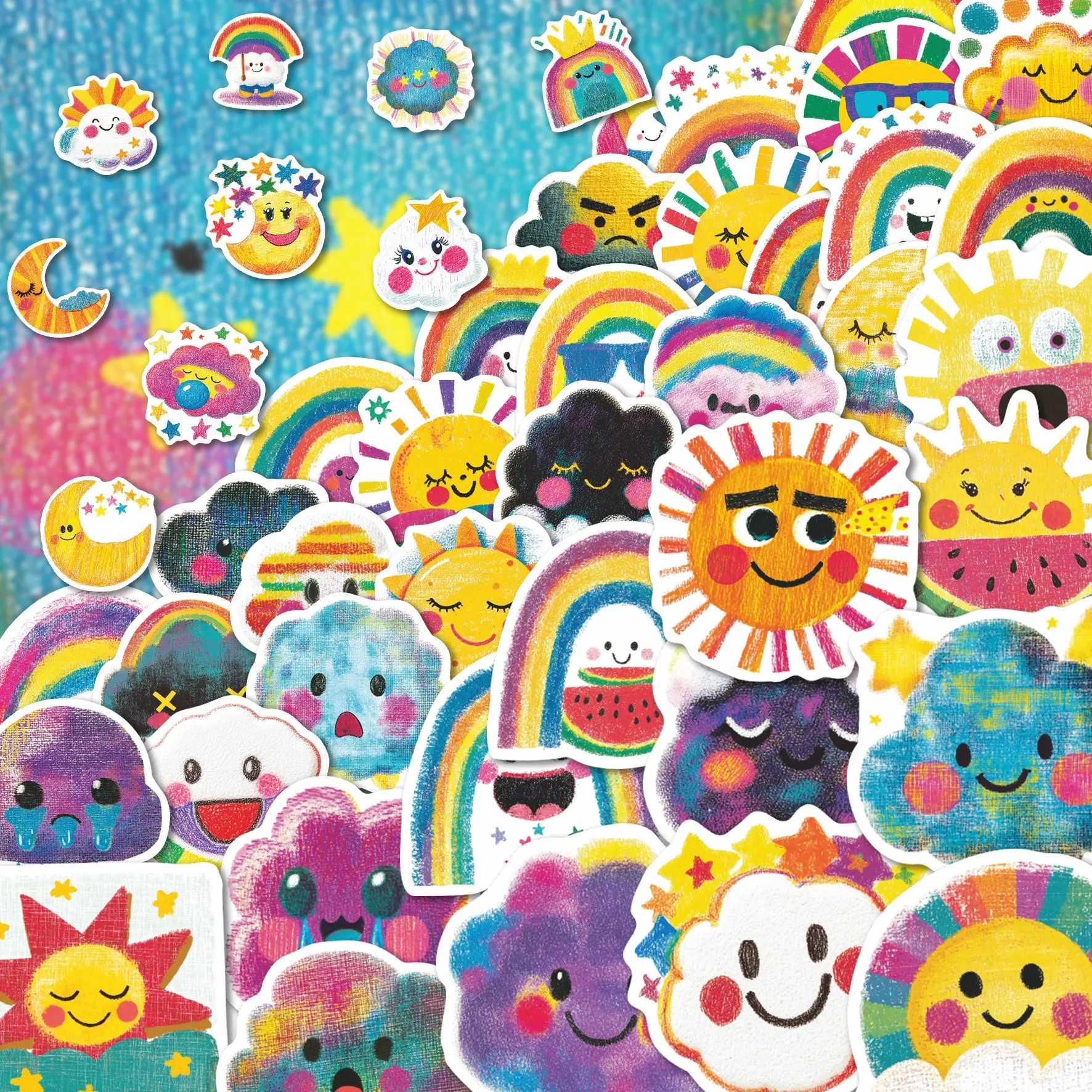 50Pcs Cute Crayon Style Weather Stickers Pack, Waterproof Rainbow Sun & Cloud Cartoon Vinyl Decals for Water Bottle, Laptop, Phone Case & Scrapbook, Kids & Art Lover Gift