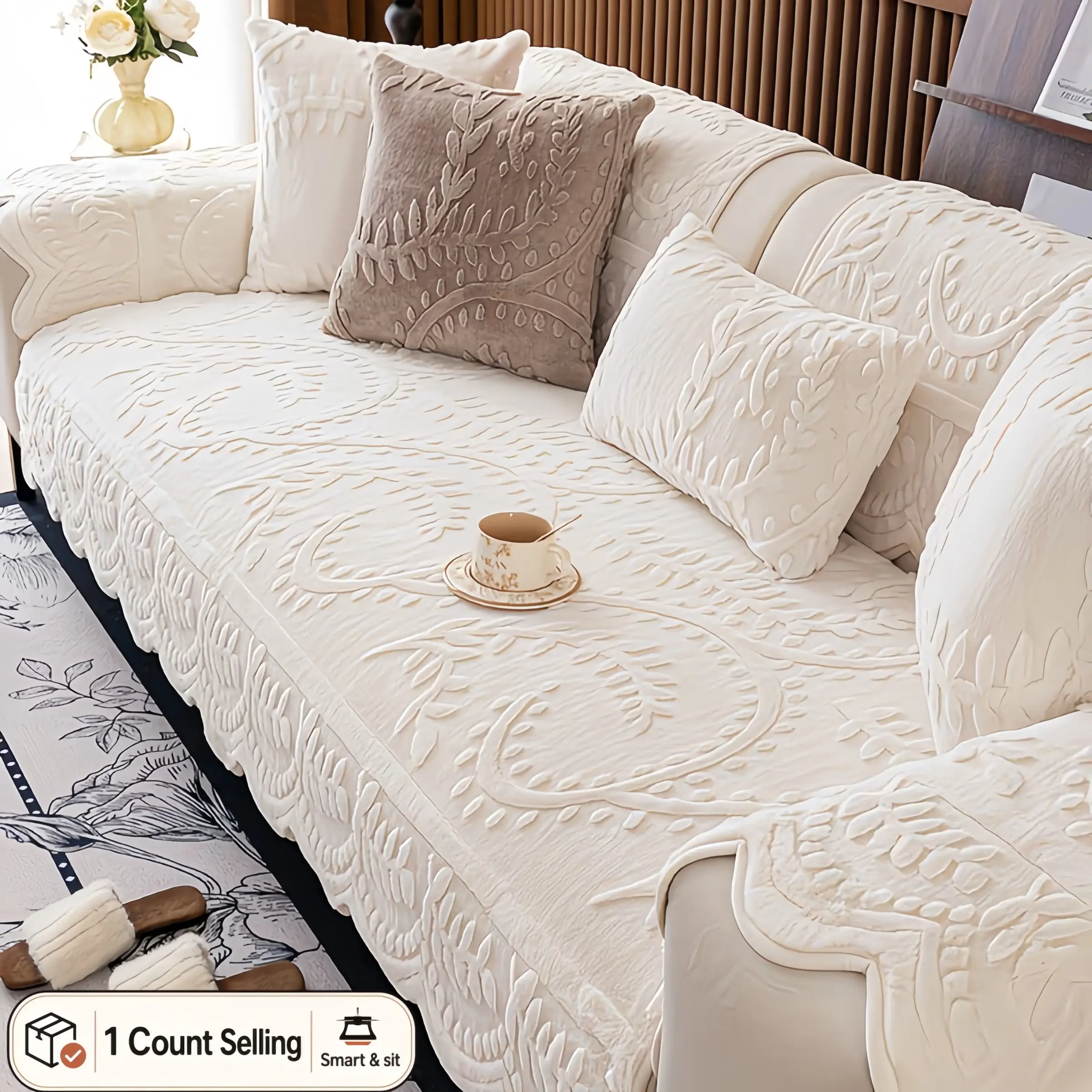 Rabbit Fur Plush Sofa Cover, 1 Count Ultra Soft Couch Cover, Washable Sofa Slipcover, Removable Sofa Cover, Solid Color Cozy Furniture Protector for Sectional Sofa Living Room, Washable Couch Covers