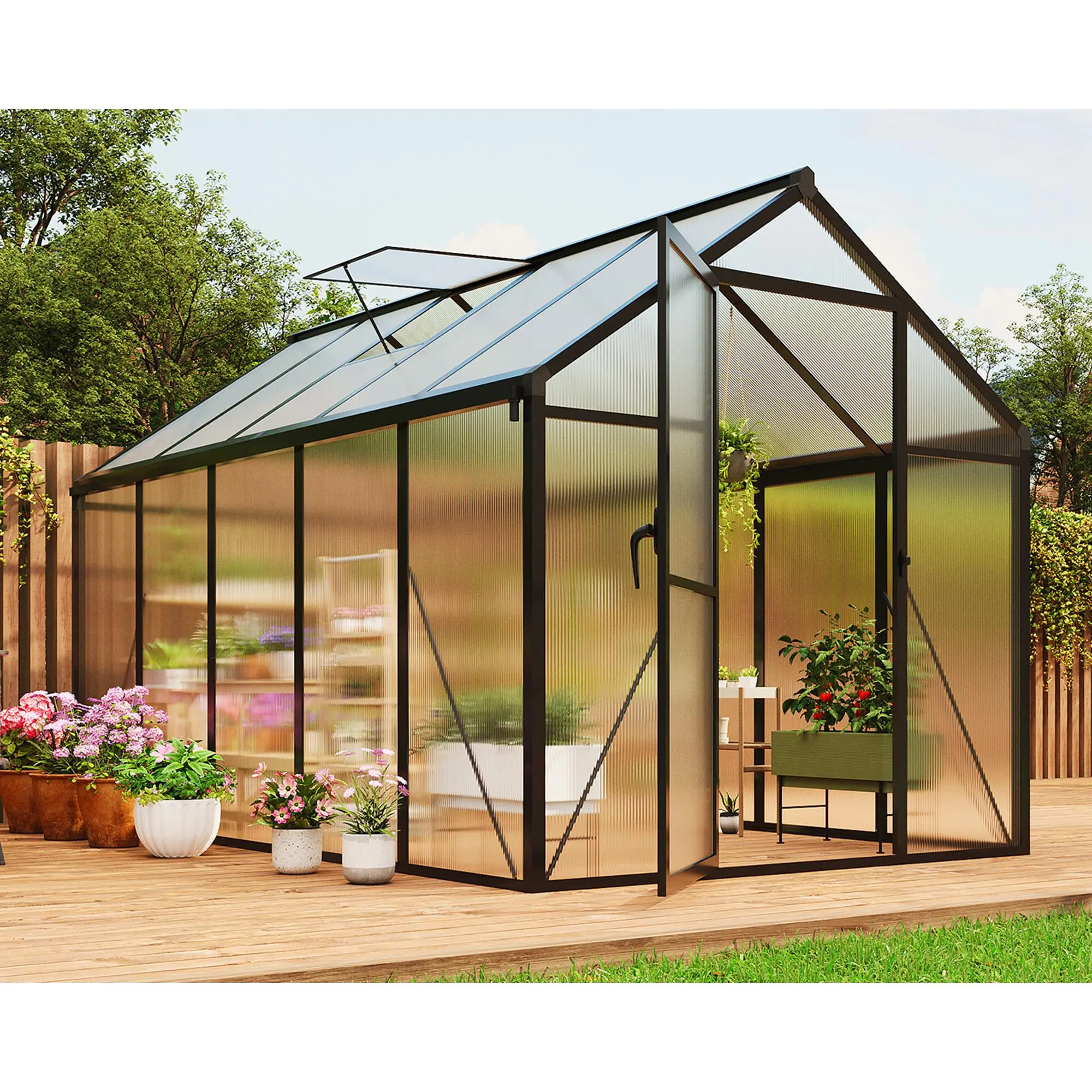 Heavy-Duty Polycarbonate Walk-In Greenhouse – Sturdy Aluminum Frame, Roof Vent, Lockable Door, Easy Assembly – Dark Grey – Ideal for Backyard, Patio, Lawn