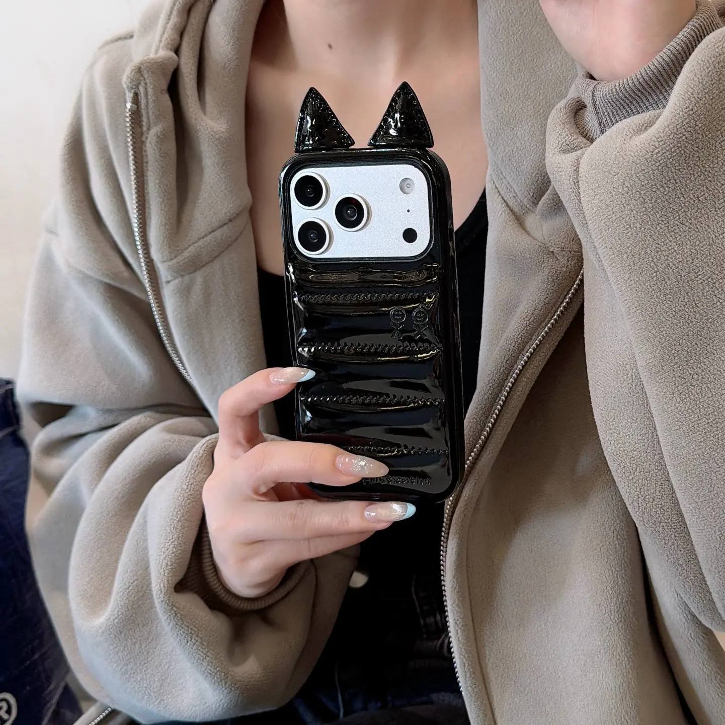 Funny Cat Ear Design Black Down Jacket Phone Case for iPhone 17 16 15 Pro Max 14 13