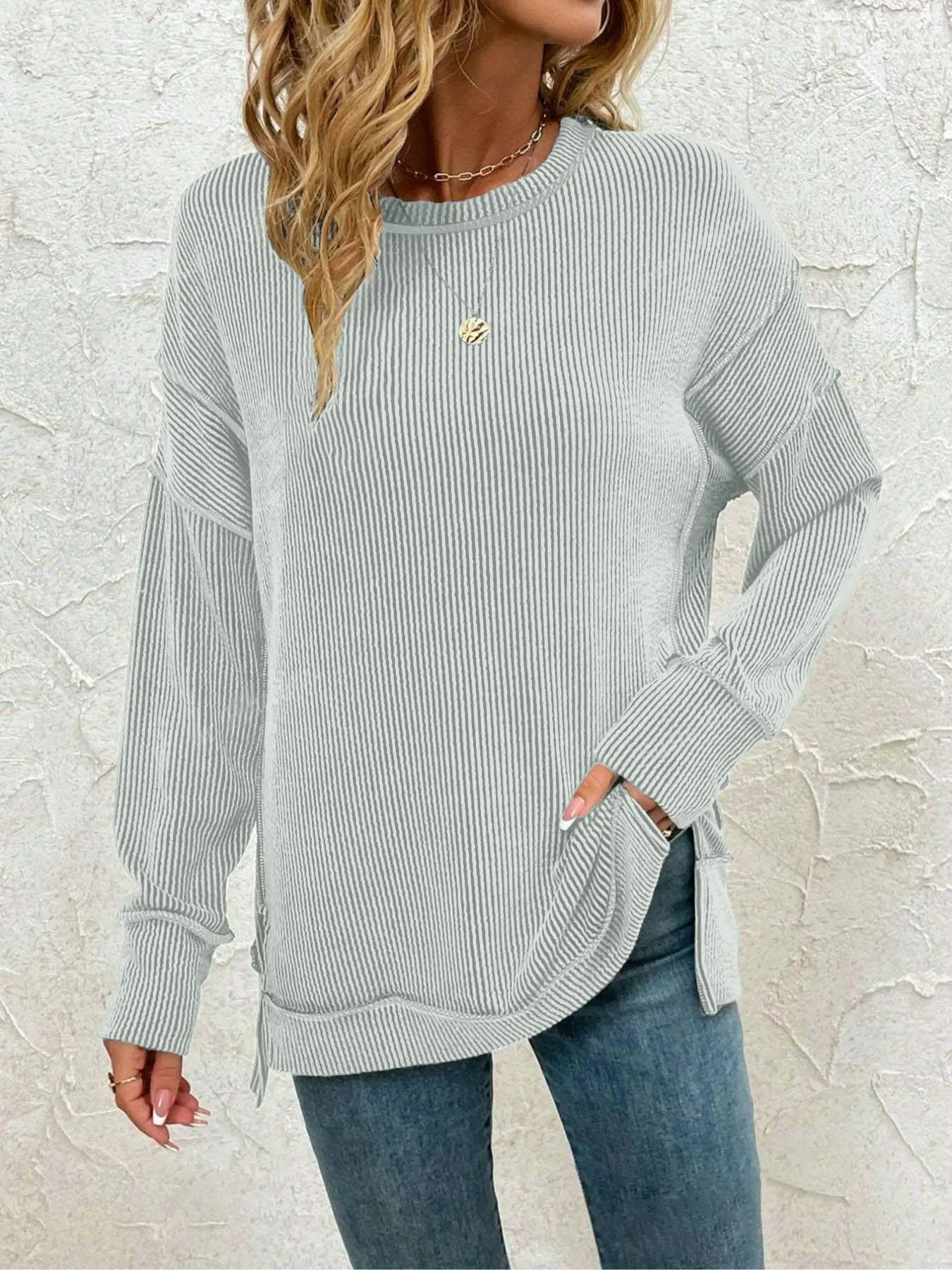Women's Long Sleeve Pullover Sweatshirt, Fall Ribbed Loose Fit Style Sweater, Casual Split Design, Plus Size Top for Women