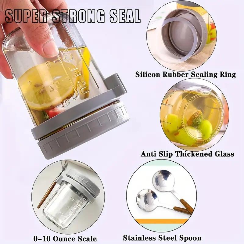 12oz Glass Salad Jar with Spoon, Portable Overnight Oatmeal Cup, Reusable Yogurt Container for Breakfast, Healthy Eating Containers, Perfect Gift for Holidays