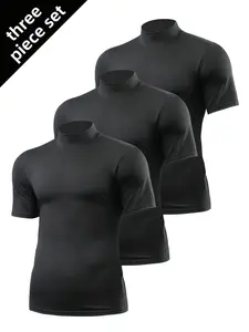 3 Pack Men's Half Turtleneck Short Sleeve Compression Shirts, Slim Fit Breathable Quick Dry Undershirts, Compression Activewear for Workout Gym Casual Daily