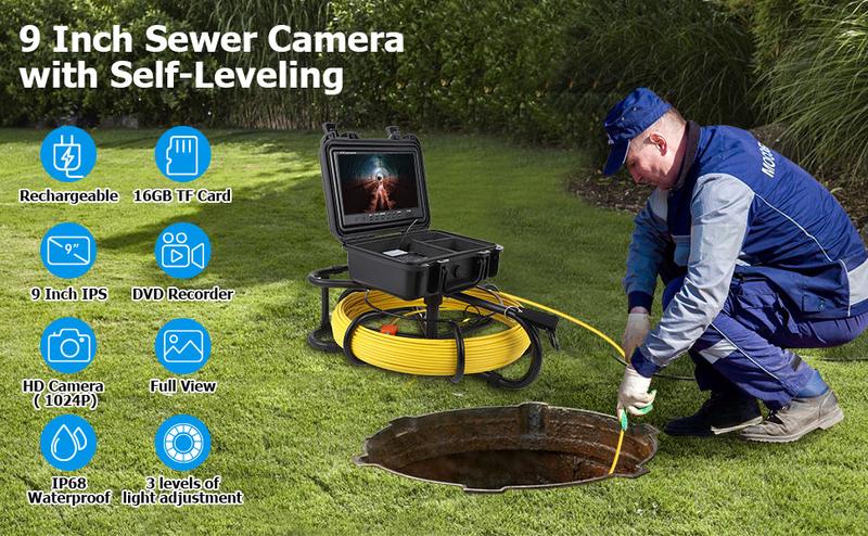 【GARVEE】 Explore the GARVEE Sewer Camera with Locator: 300 FT Range, 9" Display, DVR Functionality, and IP68 Waterproof Design for Efficient Pipeline Inspections with Adjustable LEDs and Self-Leveling Features.