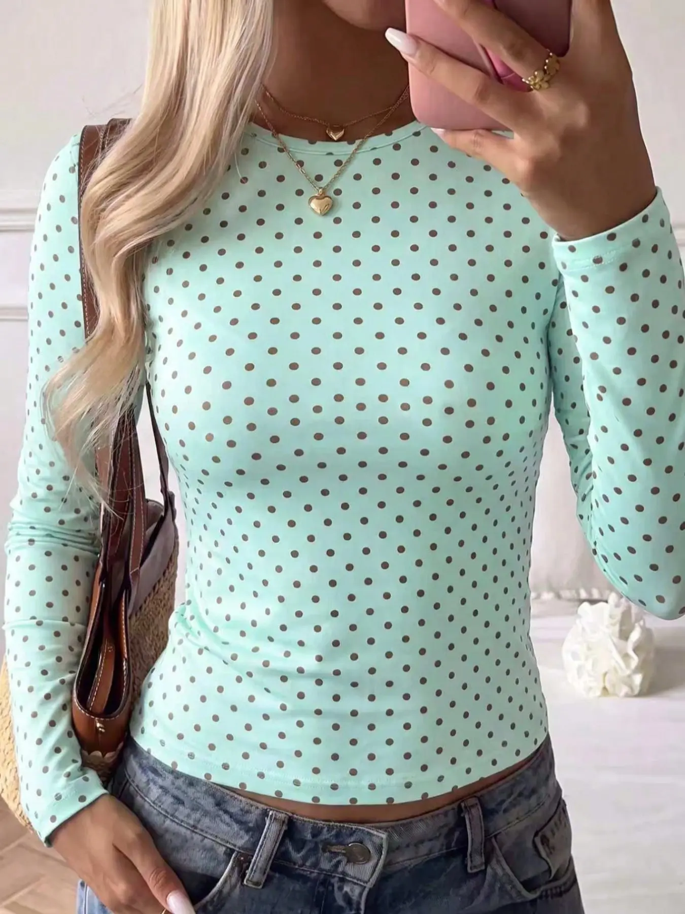 Y2K Women's Fashion Fall Winter Plaid Polka Dot Round Neck Long Sleeve Slim Fit Short Top, Streetwear Retro Daily Wear Ladies Shirt