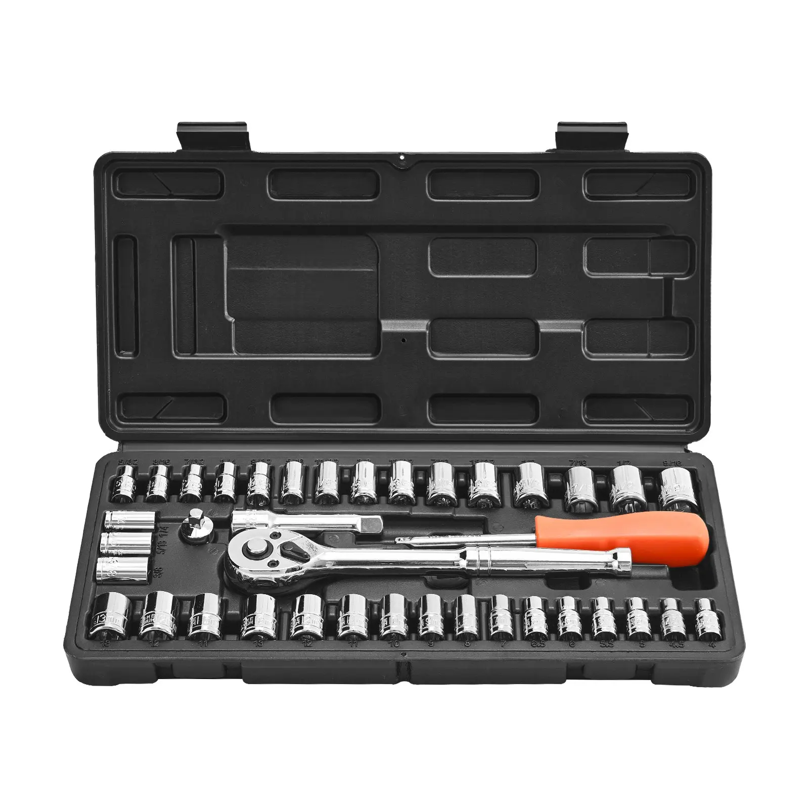 VEVOR 39-Pc Compact Multi-Part Ratchet Tool Kit, 1/4 in + 3/8 in Drive Socket & Ratchet Set (SAE & Metric), CR-V Alloy Steel Wrench, Accessories, Storage Case, 3.09 lbs, for Automotive Repair, Built Not Bought Easy DIY Project Auto Hacks
