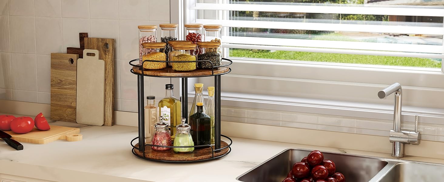 9.1'' Wood Lazy Susan Turntable Organizer for Cabinet, 2 Tier Lazy Susan Spice Rack Organizer for Kitchen, Table Top, Countertop, Pantry, Medicine Organizer