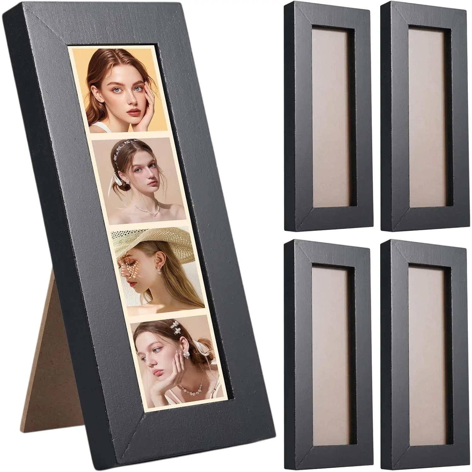 4 Pack Photo Booth Frames 2x6 Strip Frame Film Strip Photo Frame with Stand Wooden Wall, Clear Glass and Tabletop for Wedding Grad Baby Shower Wall Tabletop Desk Home Decor (4)
