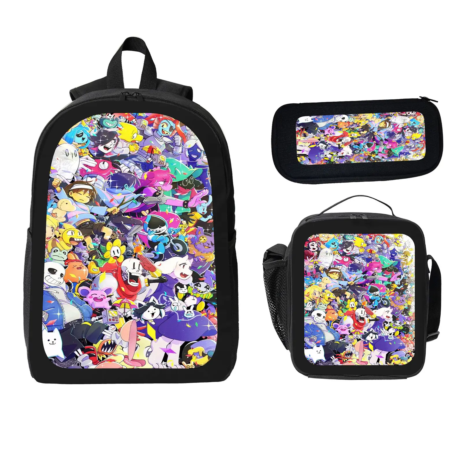 undertale 3 Pcs School Backpack Set for Boys Girls Kids, Large Capacity Bookbag with Insulated Lunch Bag Pencil Case, Water Resistant Travel Daypack for Elementary Middle School e-84