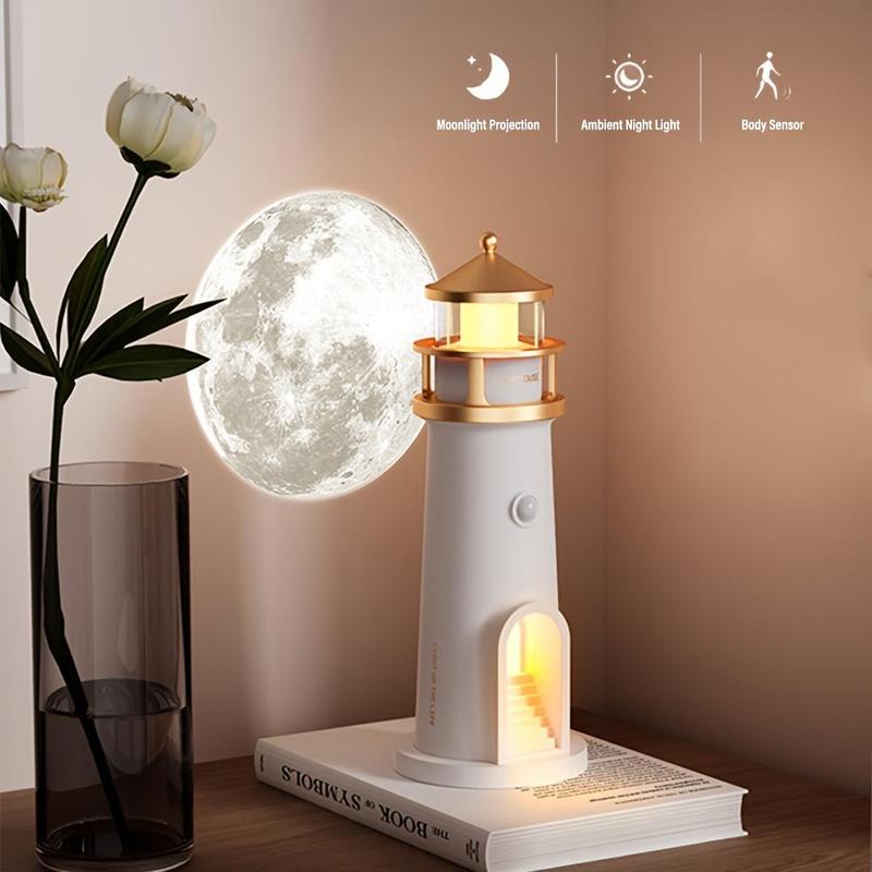 Moonlight Lighthouse Projection Light with Motion-Sensor Night Light, USB Rechargeable Lighting, Bedroom Bedside Lamp, LED Moonlight Projection Ambient Light, Decorative Gentle Lamp