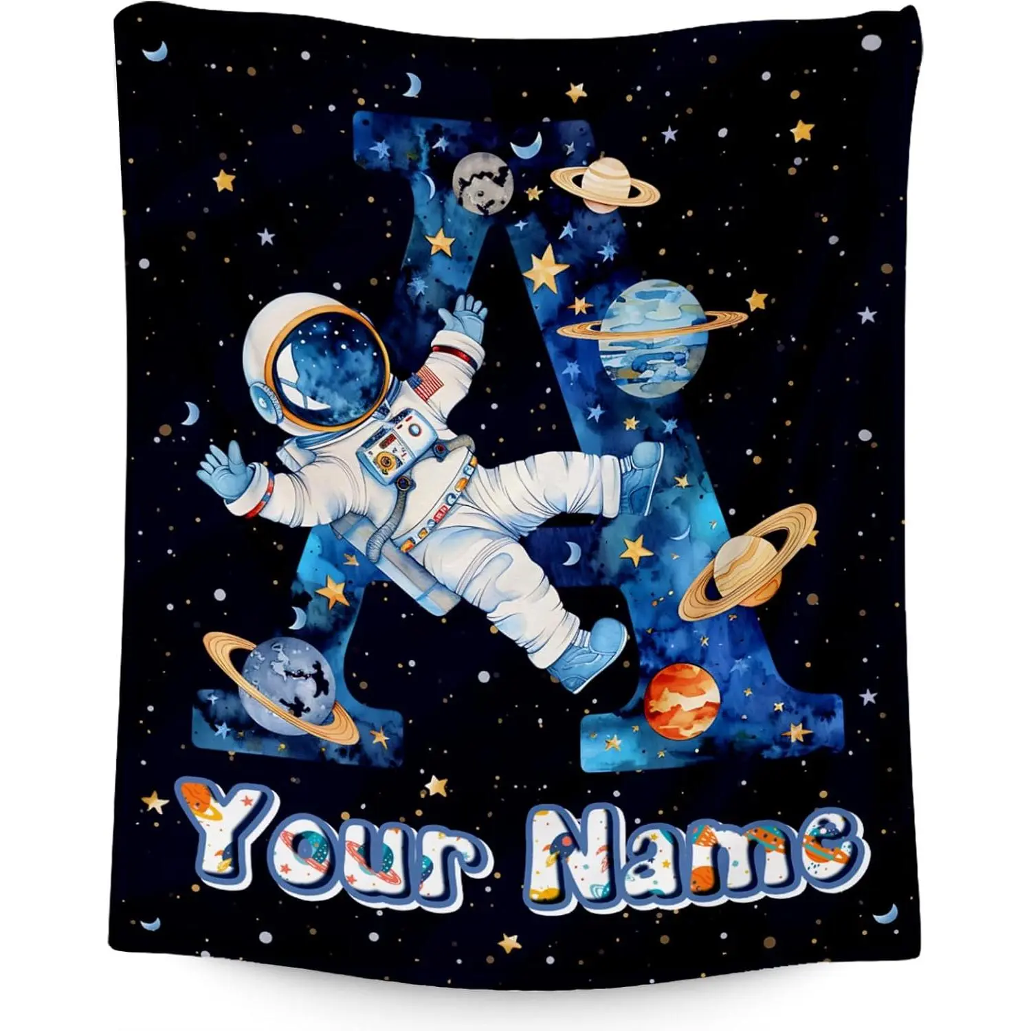    Personalized Astronaut Space Throw Blanket, Custom Name Letter A Flannel Blanket, Soft Cozy Warm Cover, Watercolor Galaxy Design, Gift for Kids Toddler, Dreamy Nursery Crib Stroller Cute Decor ﻿