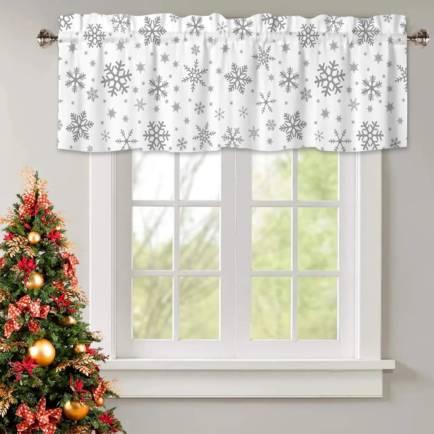 Merry Christmas Snowflake Curtain Kitchen Valances for Windows Blackout Window Curtains for Kitchen Living Dining Room Winter Grey Snowflake White Valances for Windows 54" W x 18" L