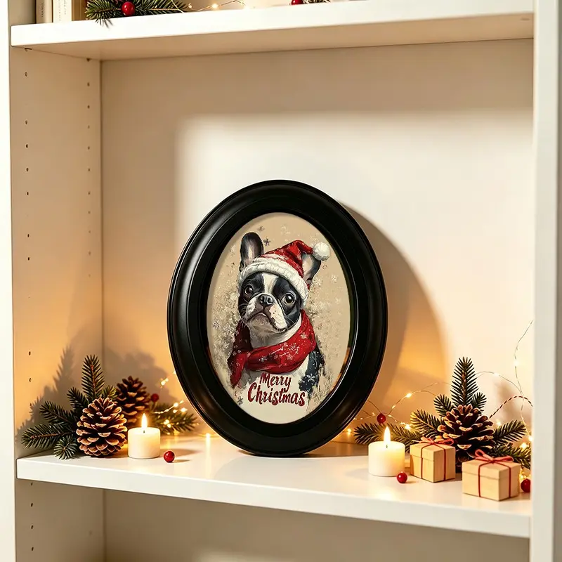 1 count Boston Terrier Christmas Vintage Wood Frame  Wall Art - 6.8 X 8.7 Inch Festive Dog in Santa Hat & Scarf, Easy to Install, Reusable, Perfect for Home, Bar, Cafe Decor, Holiday Wall Decor|Festive Dog Design| Easyinstall Artwork, Christmas Wall Art