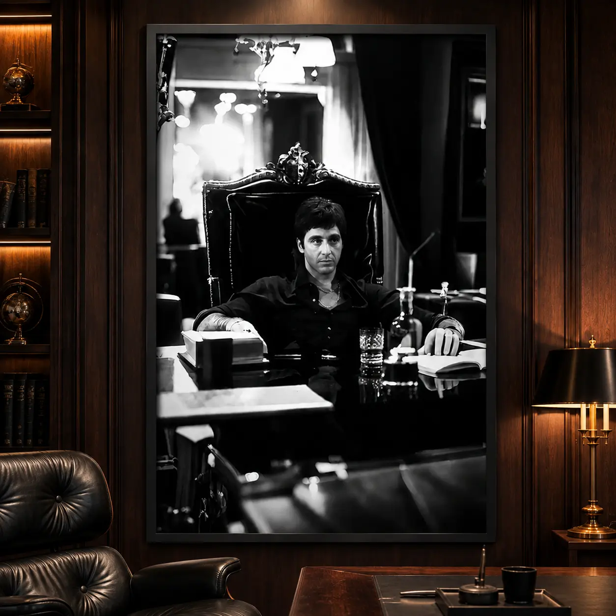 Scarface Tony Montana Black & White Framed Canvas Wall Art - Industrial Plain Gangster Film Poster, Multi-Size, for Office/Mancave Home Decor