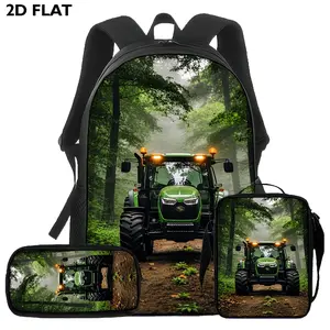Green Farm Tractor 3-Piece Backpack Set, Forest Country School Bookbag with Matching Lunch Bag and Pencil Case, Backpack for Kids Teens, Farmer Gift, School Travel Country Daypack Gift Idea