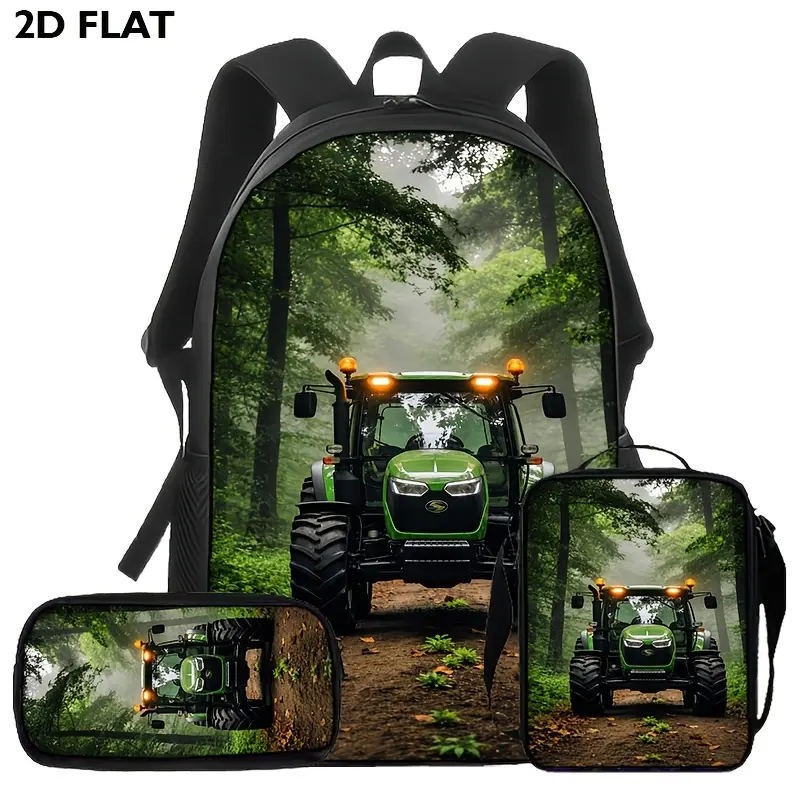 Green Farm Tractor 3-Piece Backpack Set, Forest Country School Bookbag with Matching Lunch Bag and Pencil Case, Backpack for Kids Teens, Farmer Gift, School Travel Country Daypack Gift Idea