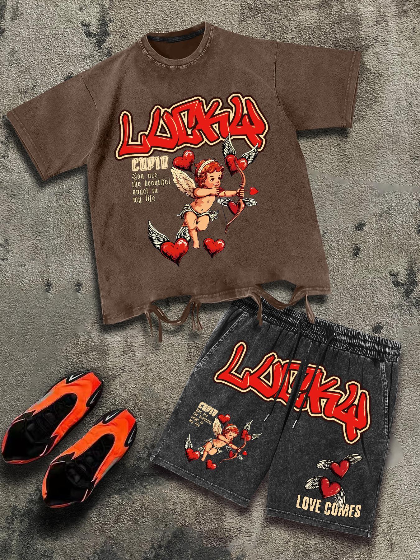 Men's Letter & Graphic Print Short Sleeve Tee & Shorts Two-piece Set, Round Neck T-shirt & Track Shorts, Casual Fashion Cozy Breathable Men Two-piece Outfits for All Seasons, Sets for Men Clothing, Cotton, Menswear, Outfit Suit Set, Matching Lounge Sets