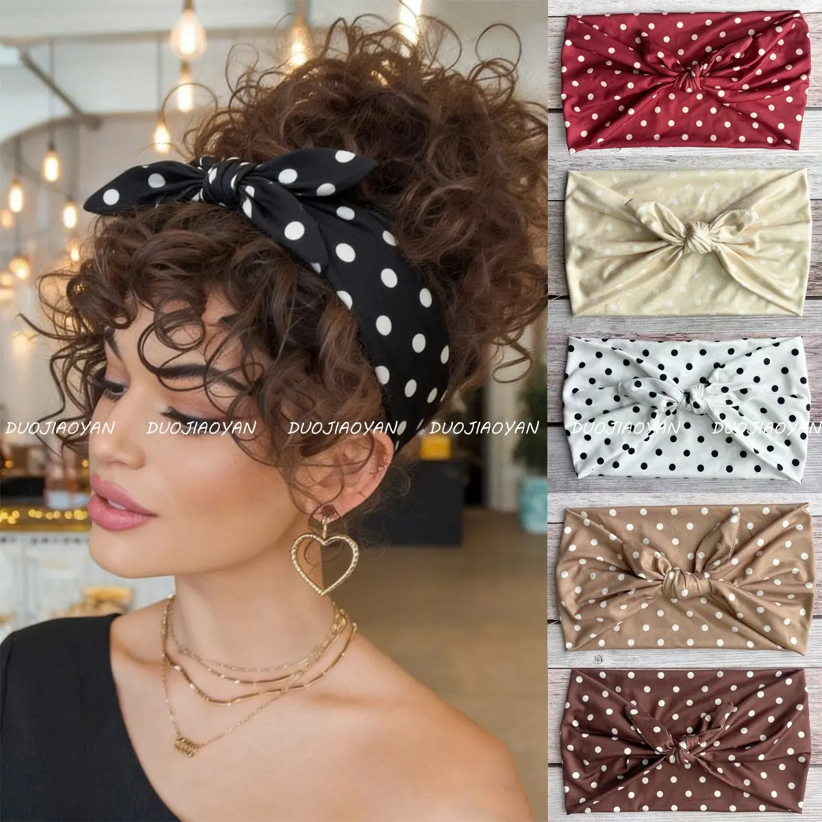 Vintage Polka Dot Round Headband - Elegant Bow Wrap, Wide Elastic Stretch Waist Sports Hair Accessory for Beach Wear