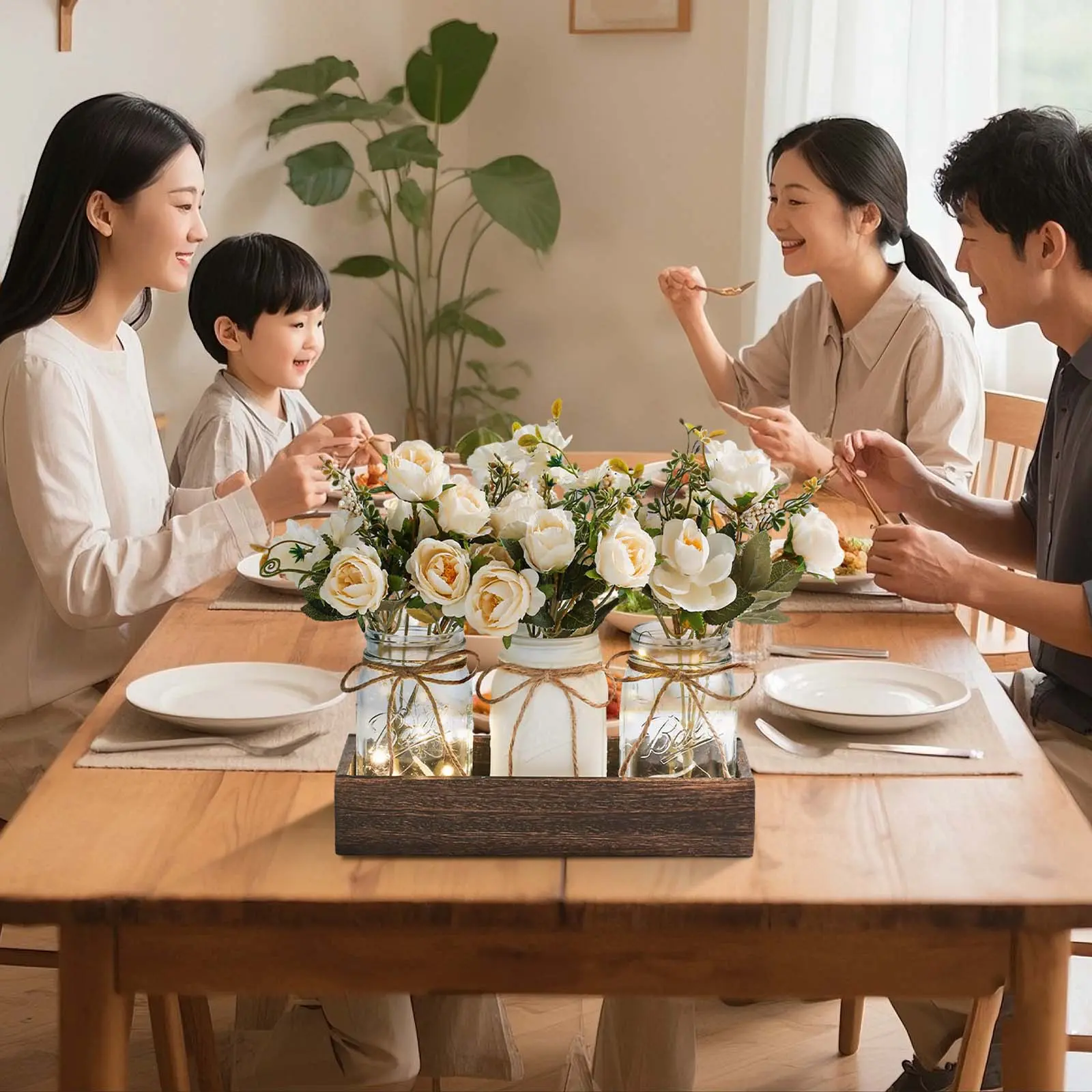 Centerpiece Table Decorations 3Pcs Roses Artificial Flowers, Glass Preserving Jar with Artificial Flowers, LED Light, UNH Wooden Tray, Preserving Jar Decoration with Flowers, Table Decoration for Dining ﻿
