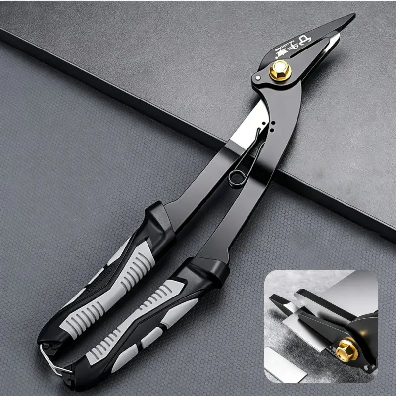 1Pc Heavy Duty Aviation Snips with Effortless Spring, Offset Manganese Steel Tin Snips for Sheet Metal Cutting, Industrial Aluminum Studs & Roof Shears with Non-Slip Grip