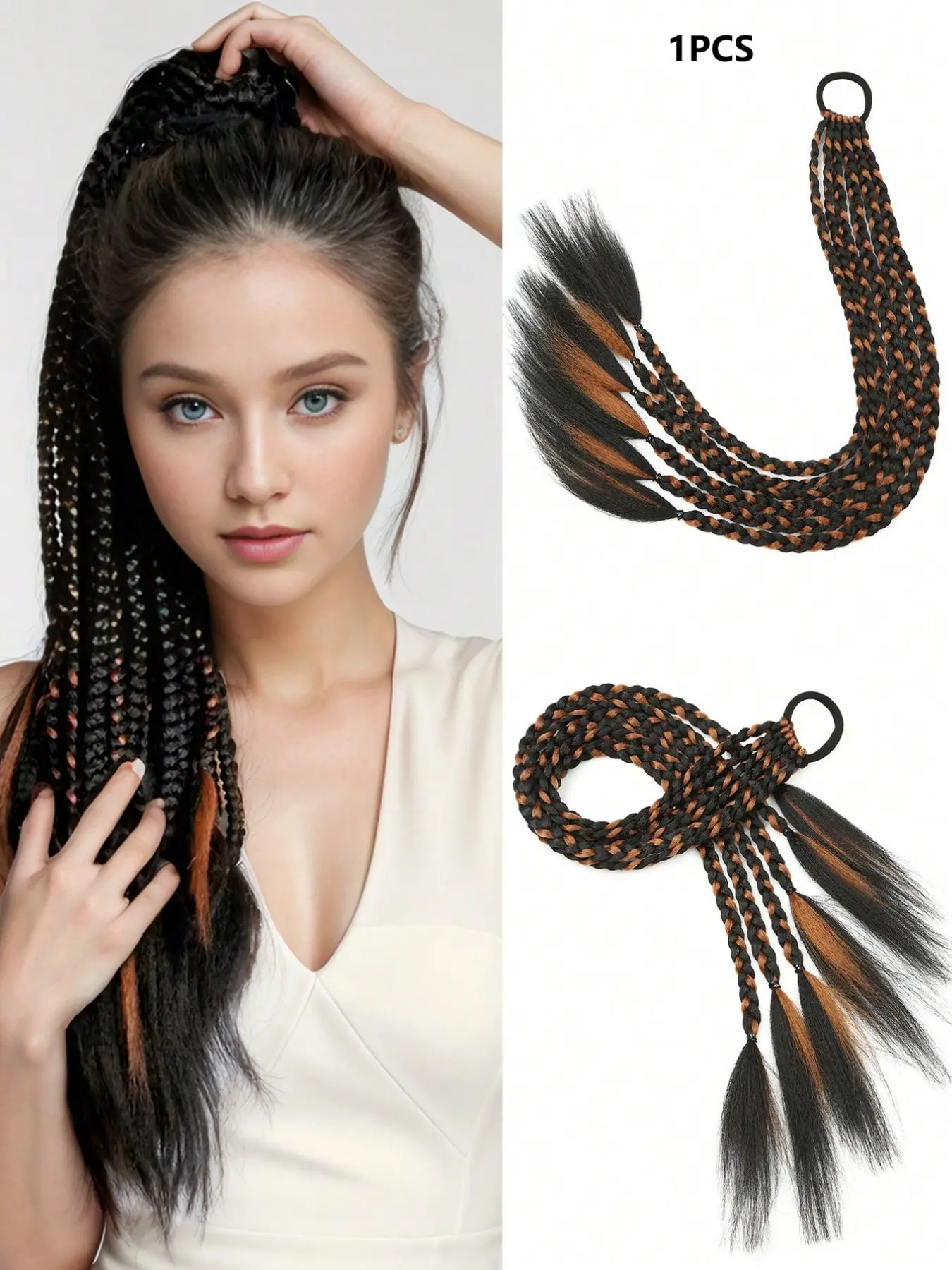 Black and Brown Color Block 1-Pack Multi-Strand Braided Ponytail Hair Extension, 24-Inch Synthetic Fiber Braided Ponytail Hair for Women & Kids. Trendy Boxer Braids for Daily Wear, Y2K, Parties, Carnivals, and Children's Day.
