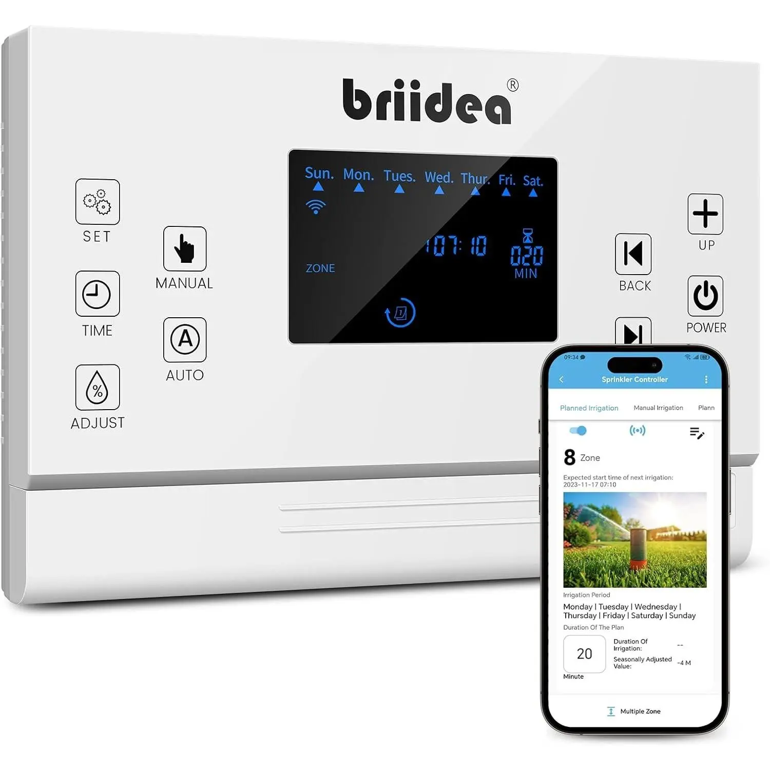 8 Zones WiFi Smart Sprinkler Controller, Automatic Irrigation Controllers with Customized Watering Schedule & Seasonal Adjustment, Water Efficiently and Keep Your Plants Healthy