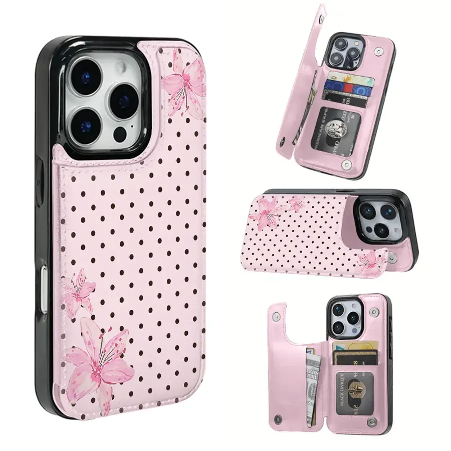 Pink polka dot background, embellished with three Textured leather phone case with a SIM card slot, compatible with the iPhone 17 Pro Max/Air/16/15/14/13/12/11 series and Samsung S22/S23/S24/S25 series.