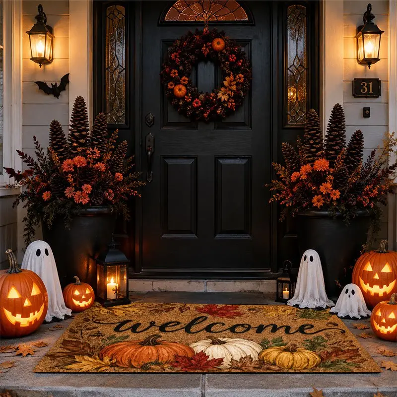 1pc Non-Slip Machine Washable Floor Mat - Autumn Maple Leaf & Pumpkin Welcome Design, Soft Doormat for Entryway, Kitchen, Fall Home Decor