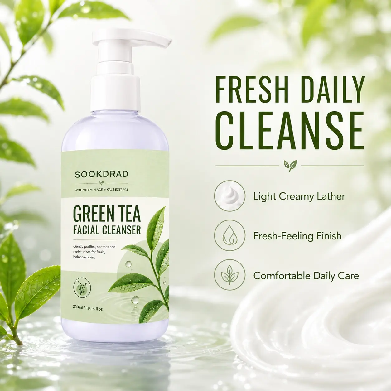 Green Tea Facial Cleanser, with Vitamin ACE, with Kale Extract, gently purifies, soothes, moisturizes, for face, 10.14 fl oz, balanced skin, fresh skin, 300ml