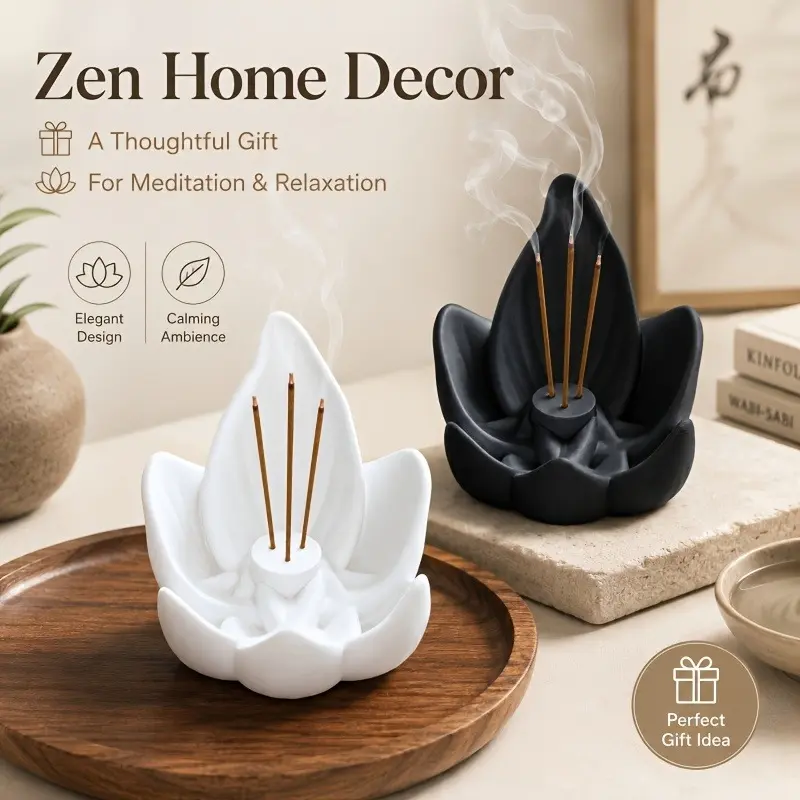 4 Pcs Lotus Scent Diffuser Ornaments, Porcelain Lotus Incense Stick Burner, 3-Hole Incense Rest with Ash Dish, Elegant Spiritual Decor, Ash Stored in Base, Freshen Air, Relieve Stress, Aid Rest & Calm Meditation, Ideal Gift for Halloween, Christmas